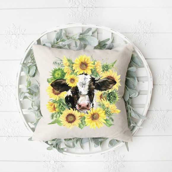 Throw Pillow Cover, Sunflower Cow, Spring, Summer - Picture 1 of 3